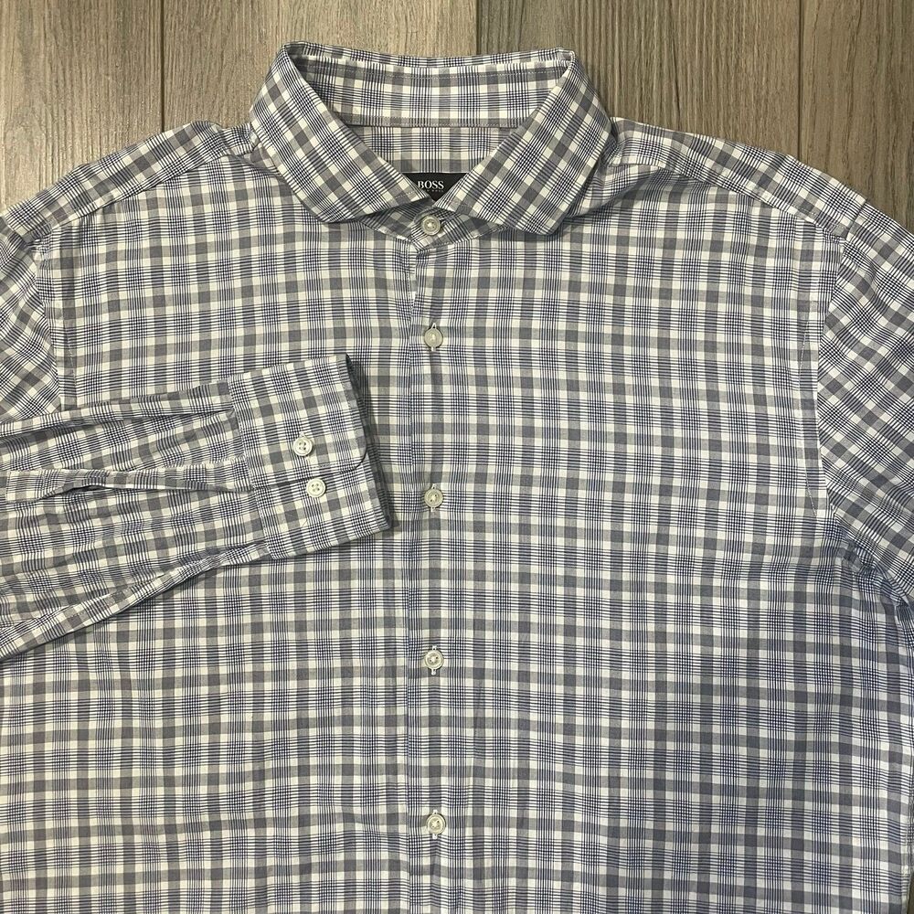 Hugo Boss Sharp Fit Button Up Shirt Men's Size 16 1/2 Blue/White Plaid Business